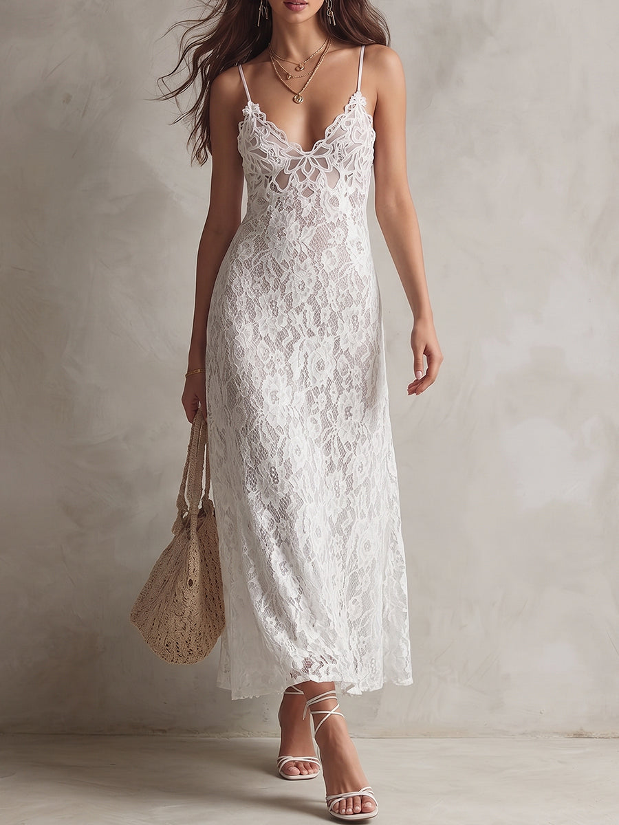 White Sheer Lace Spaghetti Strap Maxi Dress