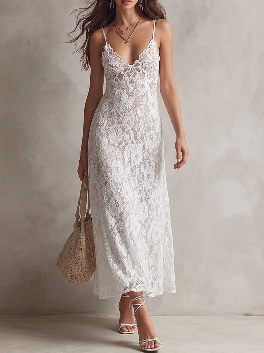 White Sheer Lace Spaghetti Strap Maxi Dress