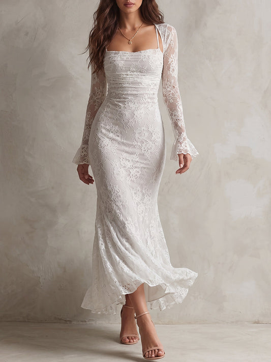 White Lace Bell Sleeve Midi Dress