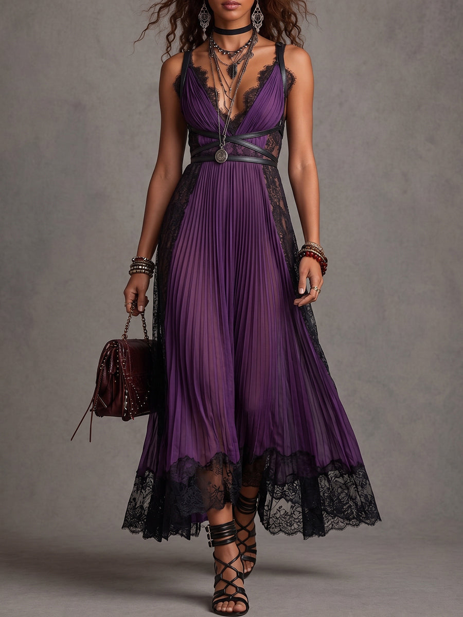 Purple Pleated Lace Panel Maxi Dress