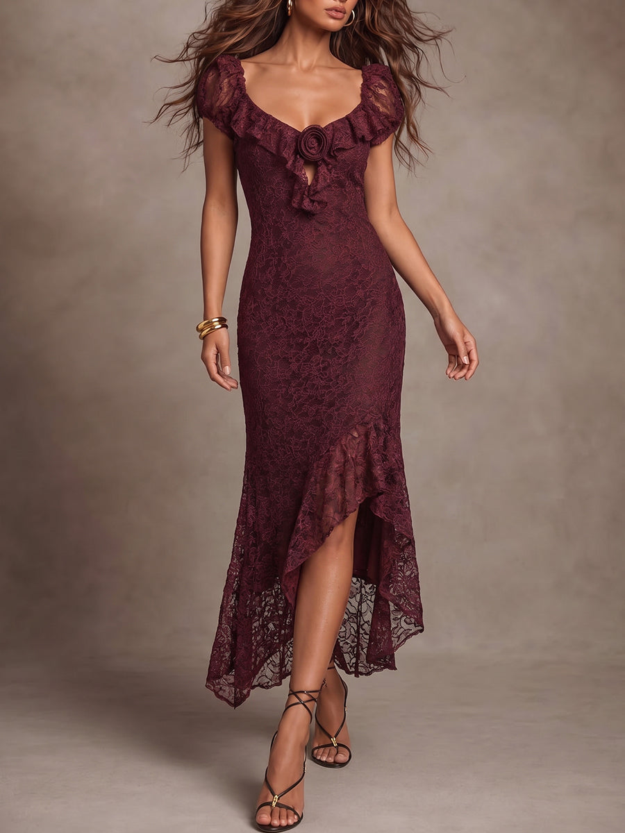 Burgundy Lace Rosette High-Low Midi Dress