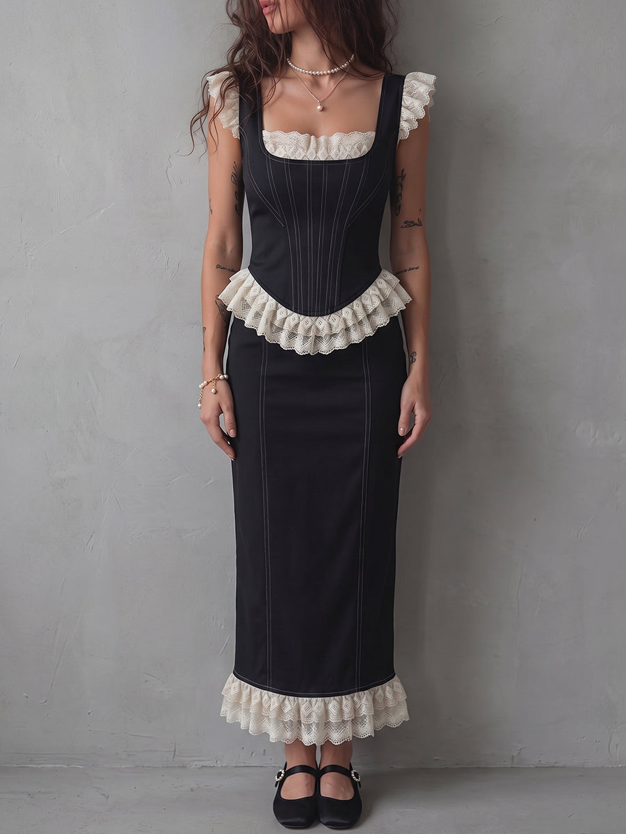 Black Corset Ruffle Trim Midi Dress