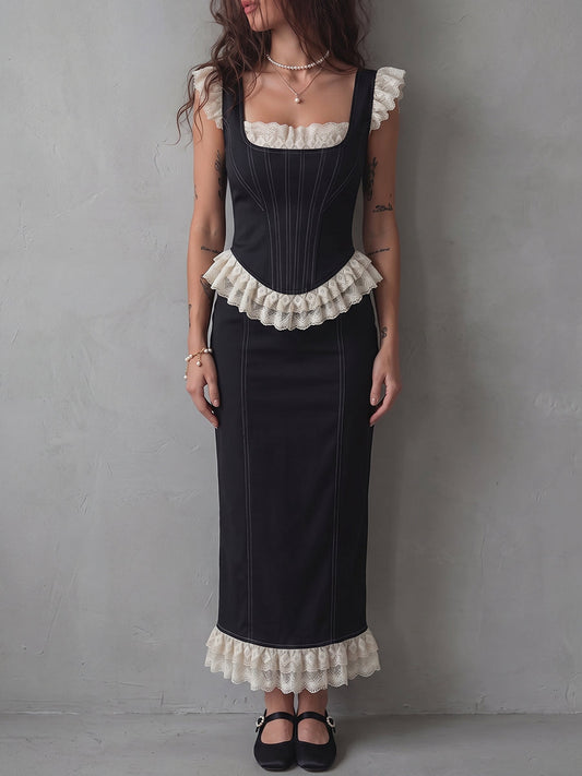 Black Corset Ruffle Trim Midi Dress
