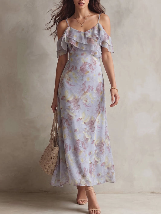 Lavender Floral Cold-Shoulder Maxi Dress
