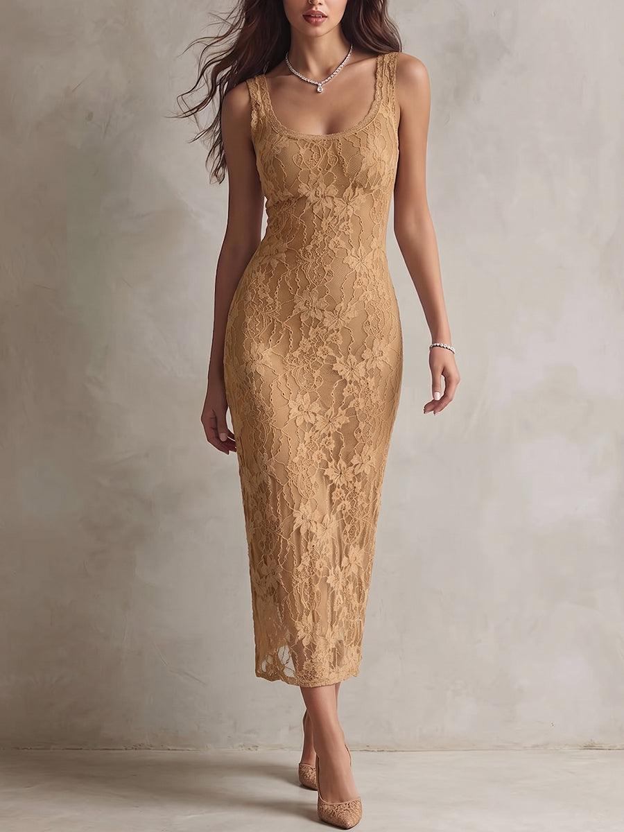 Camel Lace Square Neck Midi Dress