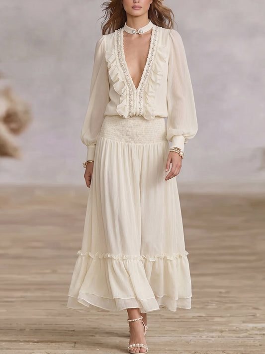 Cream Ruffle Choker Maxi Dress