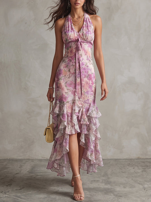 Lilac Floral Halter Ruffle Midi Dress