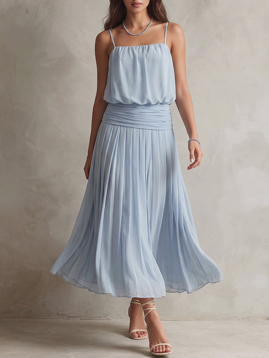 Powder Blue Gathered Strapless Maxi Dress