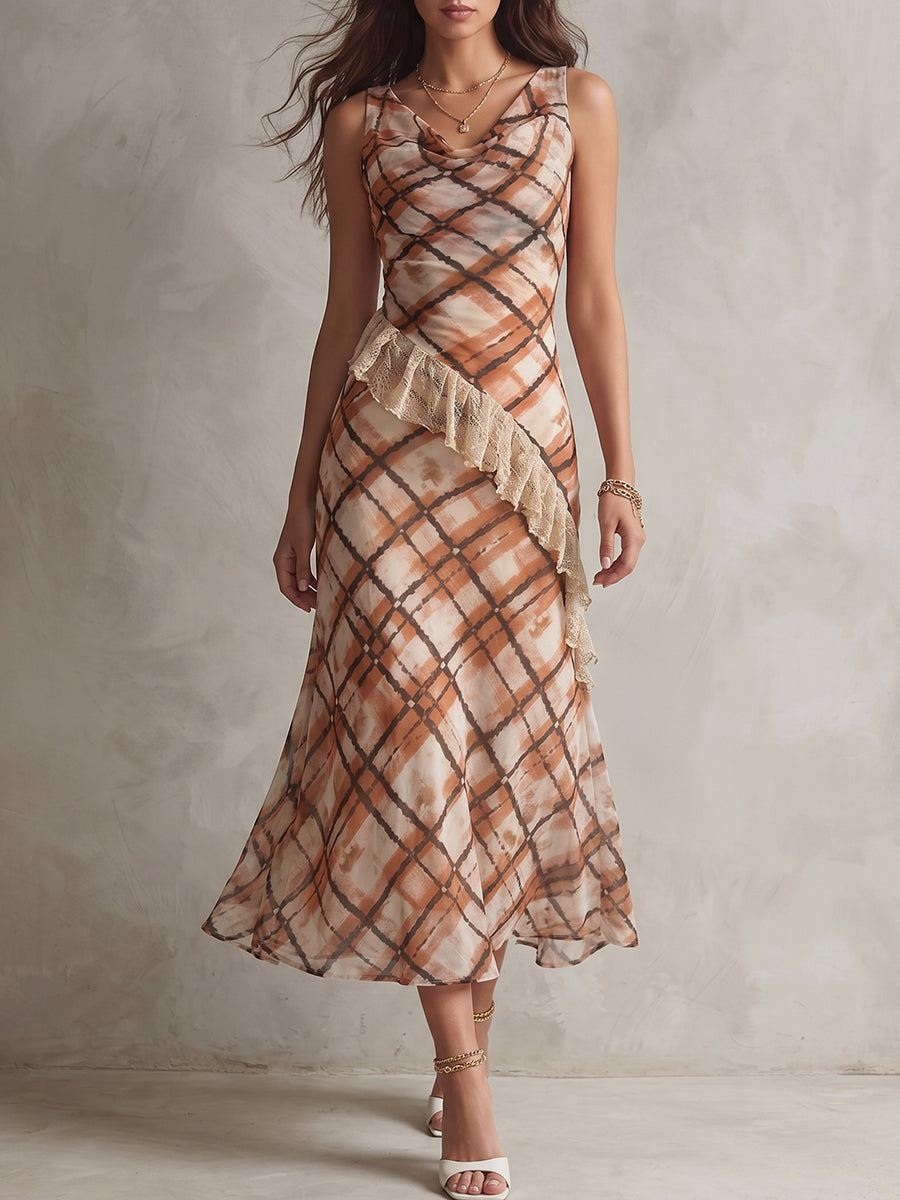 Beige Plaid Cowl Neck Ruffle Midi Dress