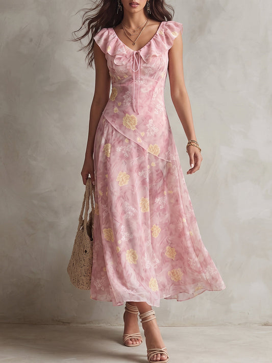 Pink Floral Ruffle V-Neck Midi Dress