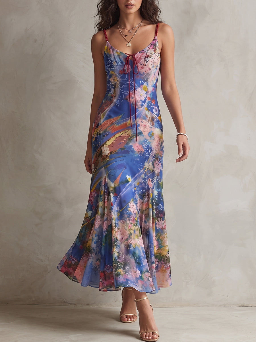 Blue Floral Tie-Front Midi Dress