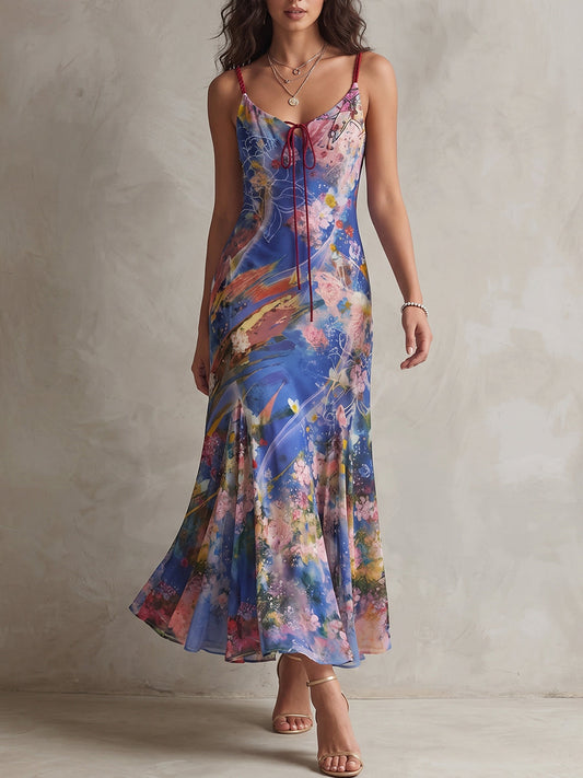 Blue Floral Tie-Front Midi Dress