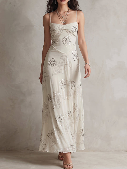 Cream Sequin Floral Maxi Dress