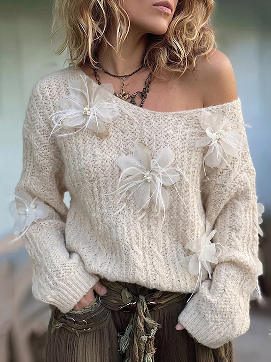 Cream Off-Shoulder 3D Floral Knit Sweater