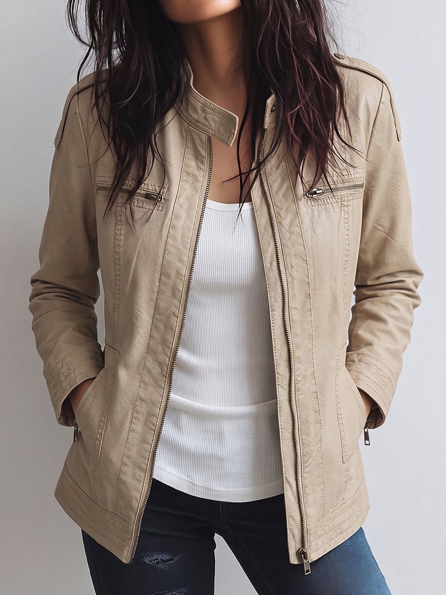 Beige Zip-Up Utility Jacket