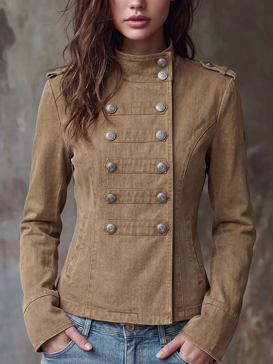Camel Double-Breasted Military Jacket