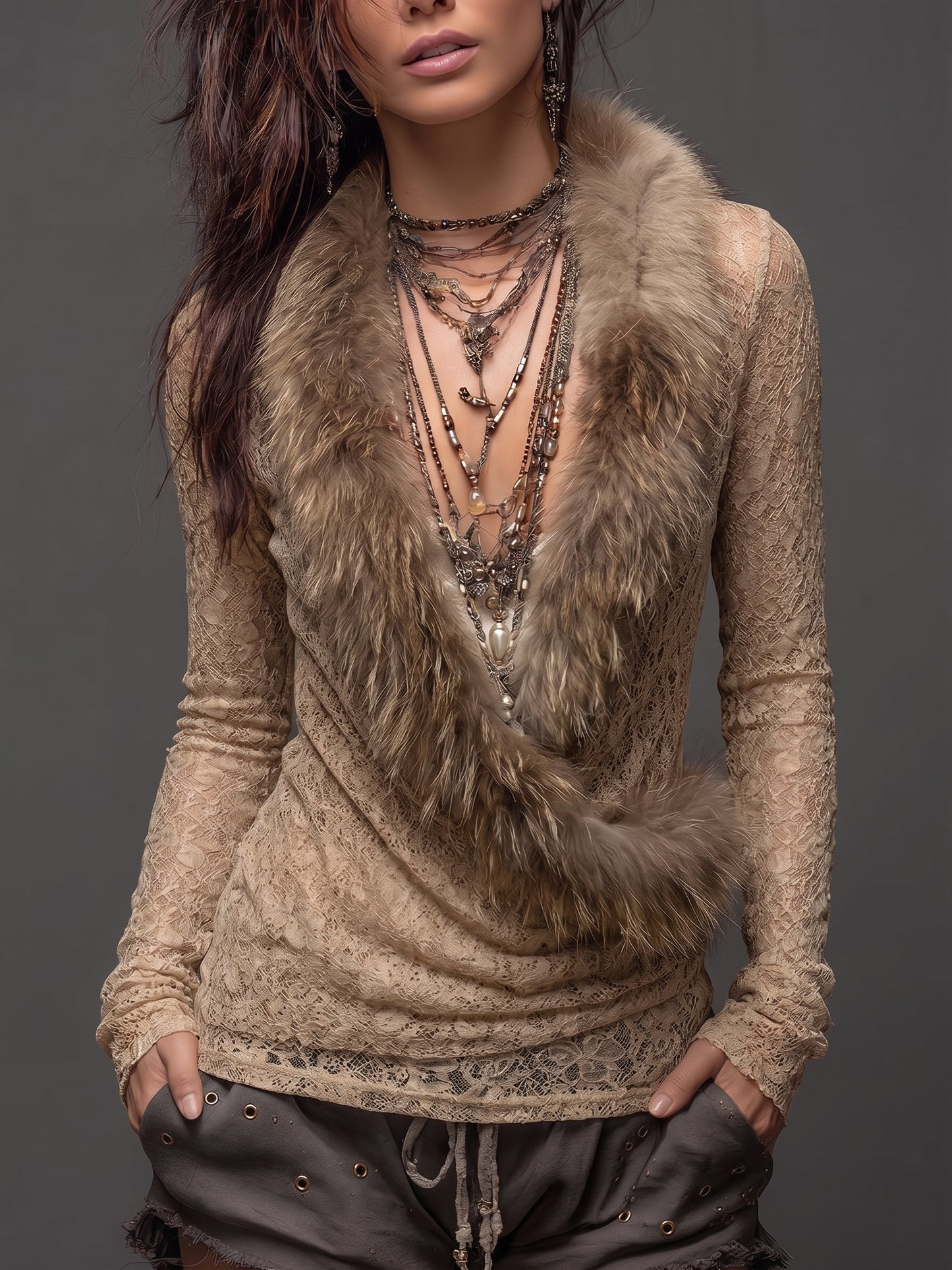 Beige Lace And Faux Fur Trim Long Sleeve Top