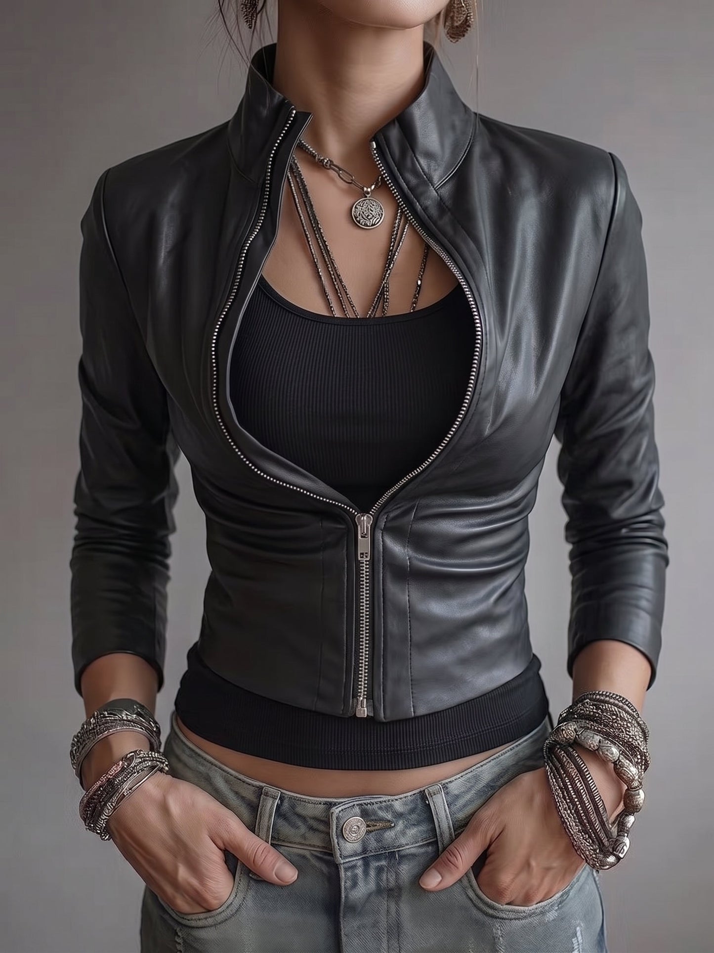 Black Zip-Up Fitted Leather Jacket