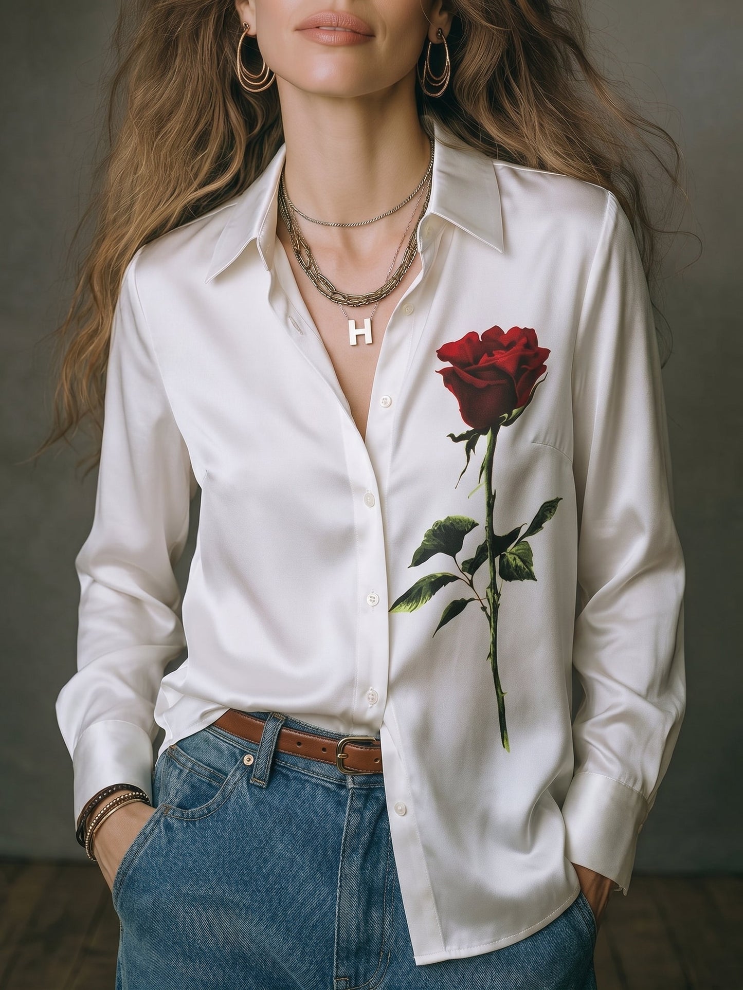 White Rose Print Button-Up Shirt