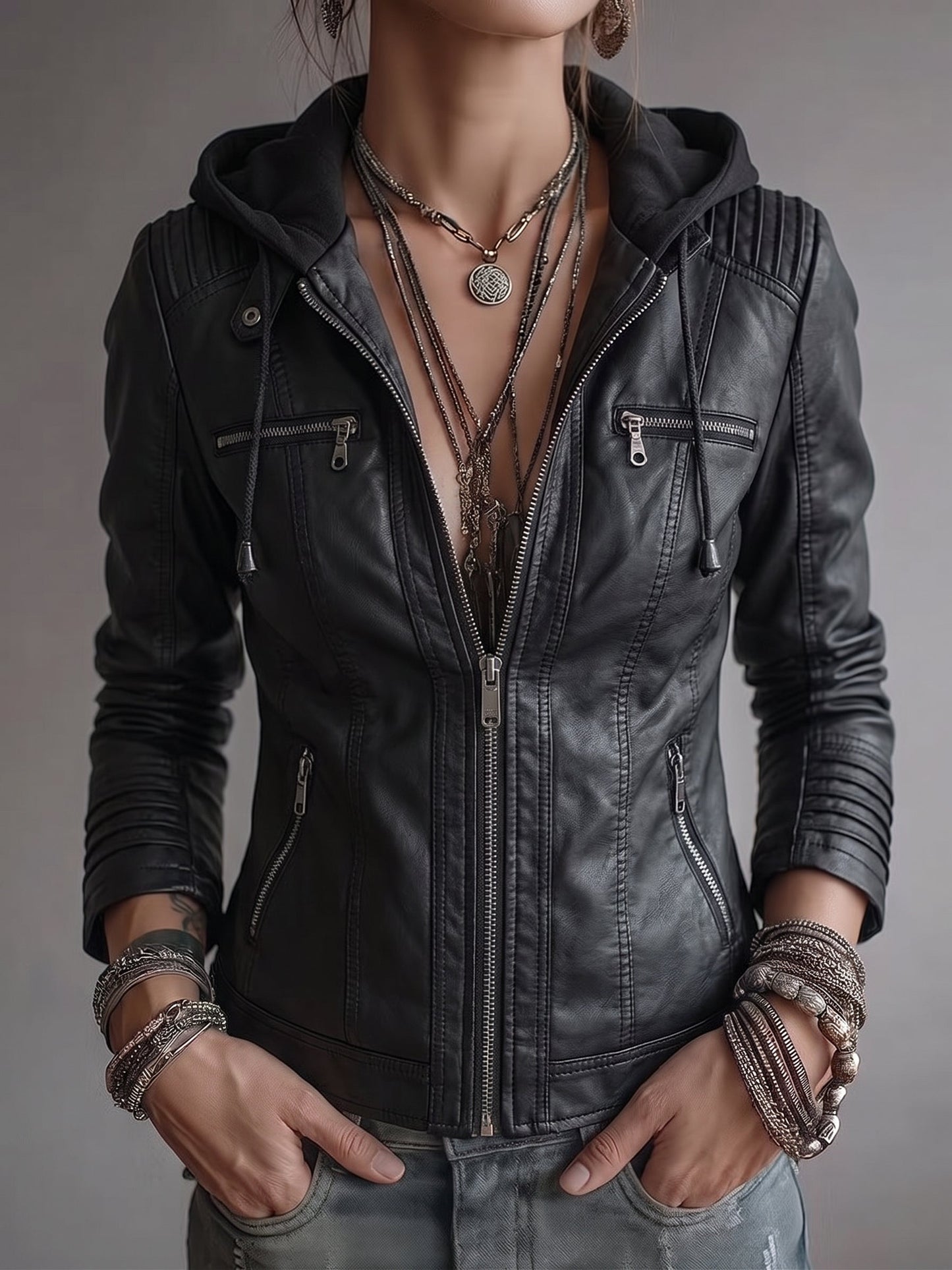 Black Hooded Leather Jacket
