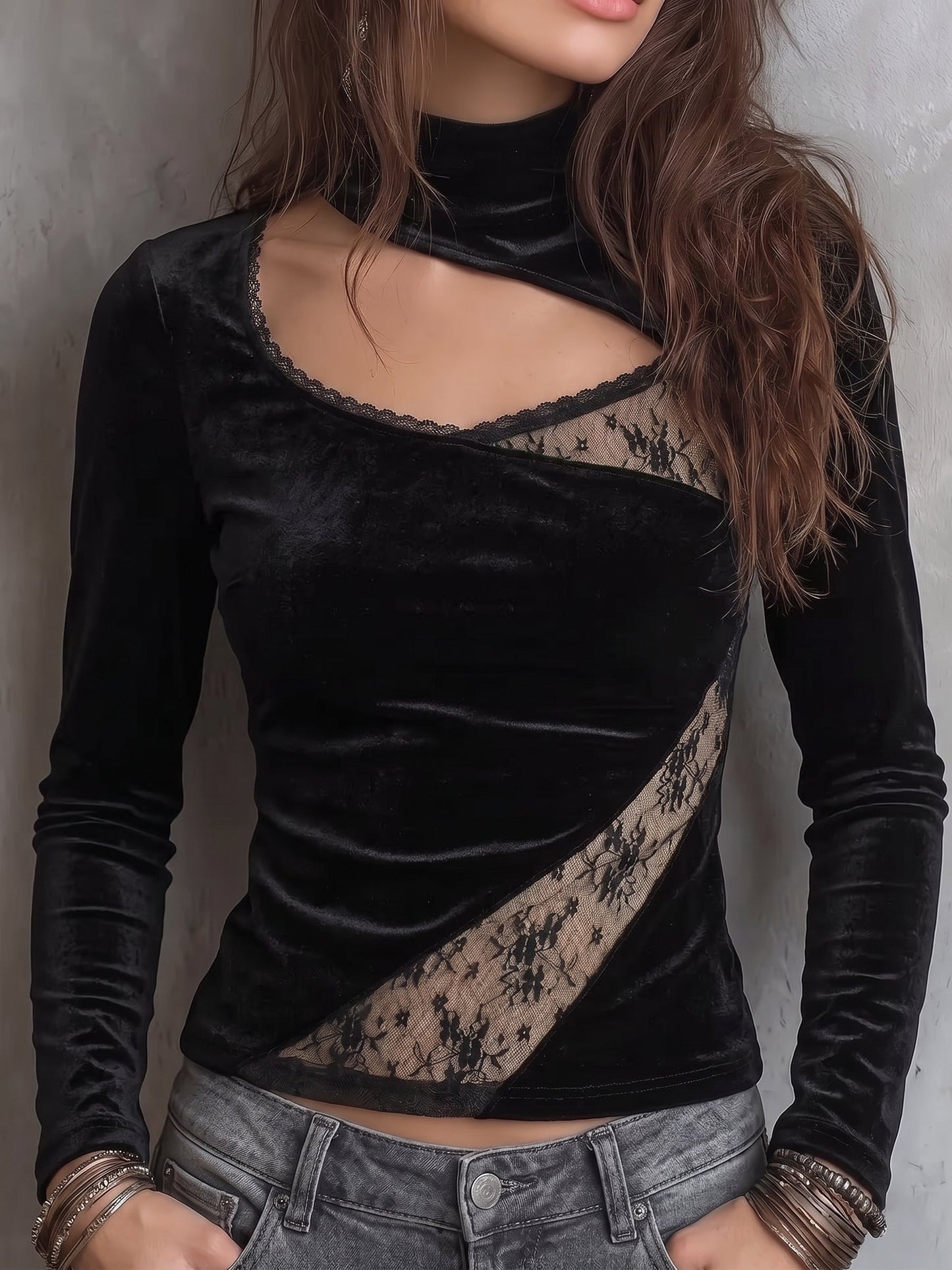Black Velvet Asymmetric Lace Top