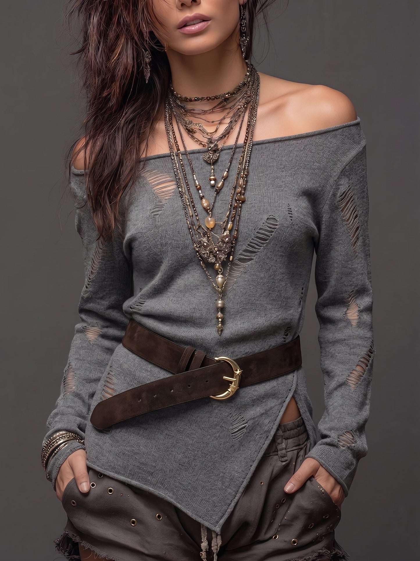 Grey Distressed Asymmetrical Sweater