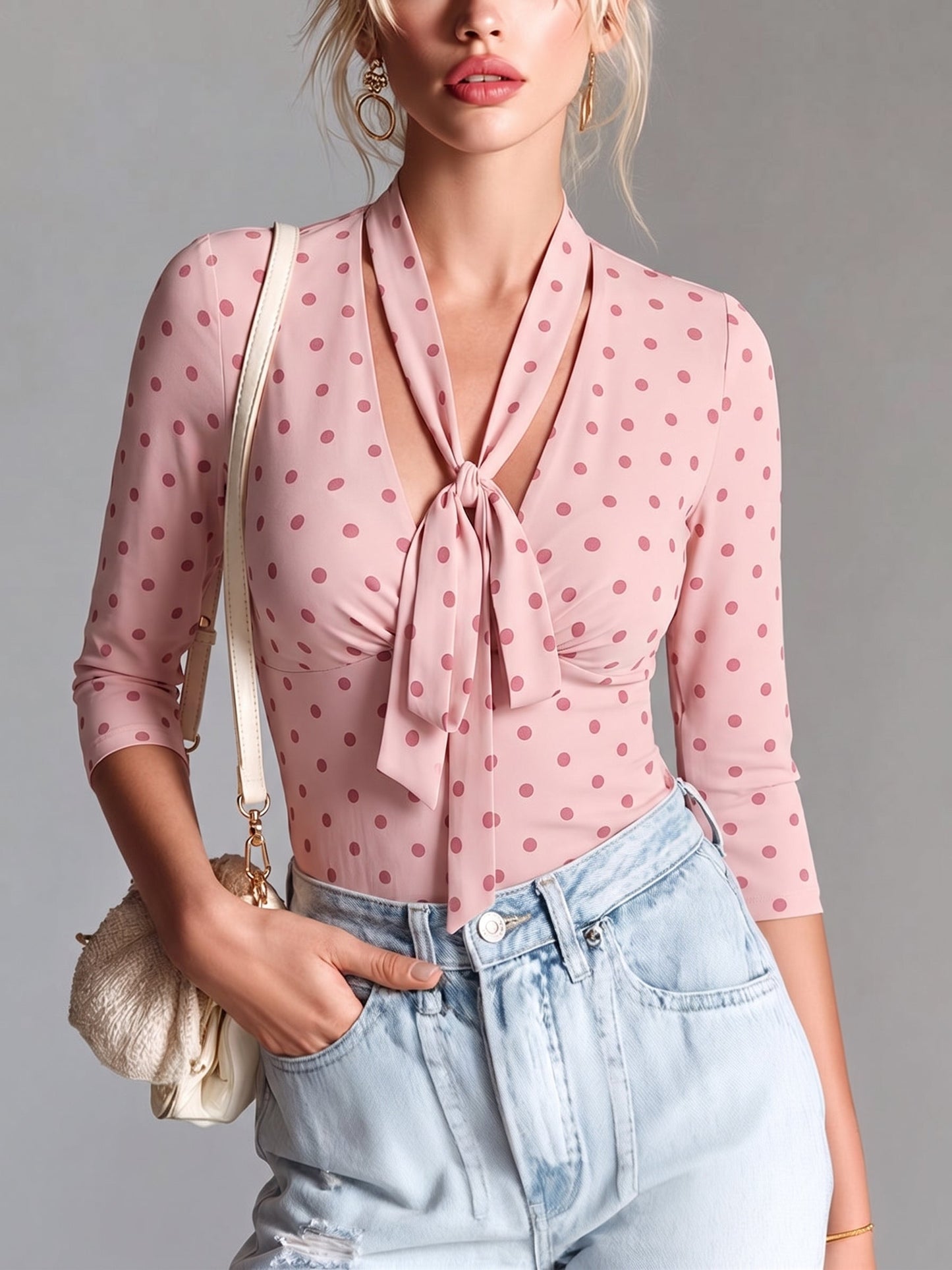 Pink Polka Dot Tie-Front Blouse