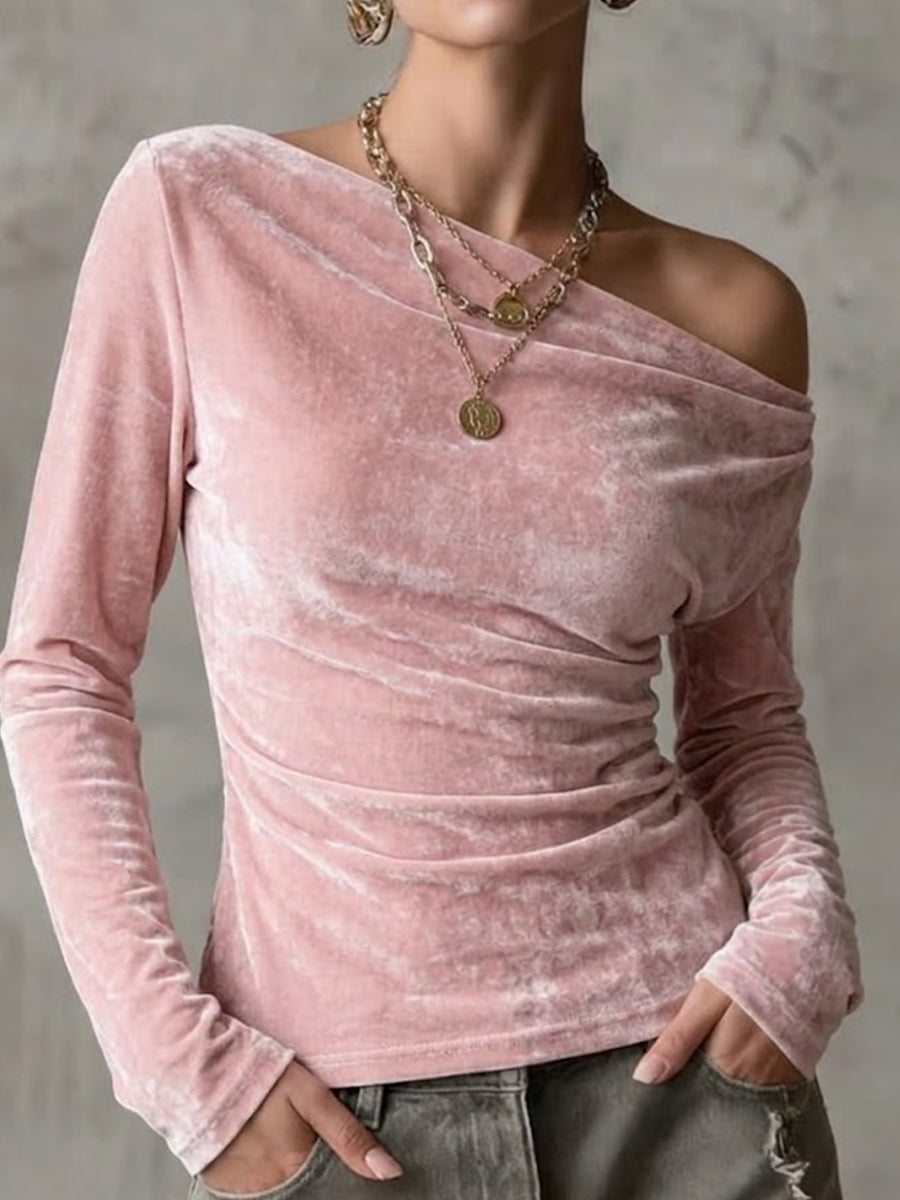 Pink Velvet Asymmetrical Draped Top