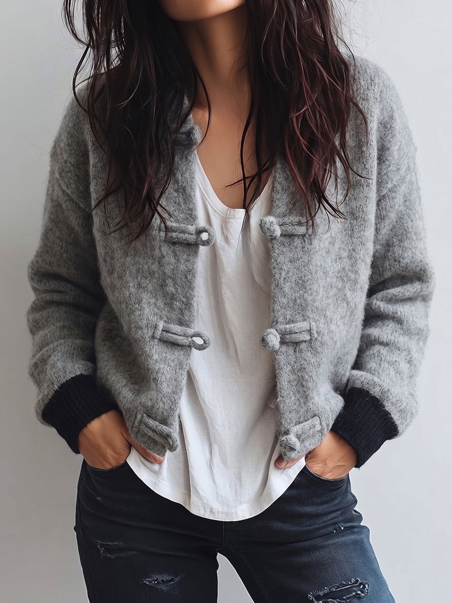Grey Contrast Cuff Toggle Cardigan