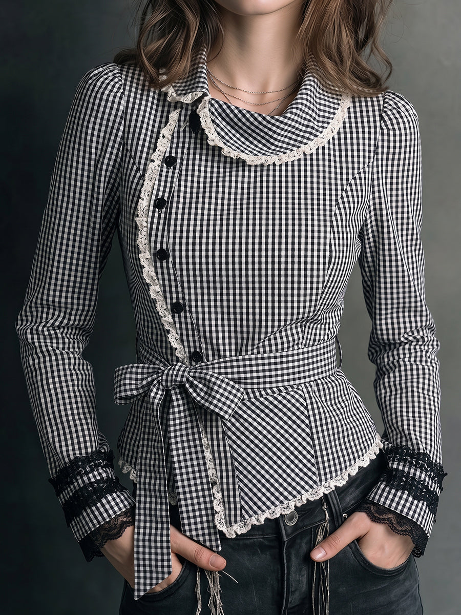 Black White Gingham Lace Peplum Top