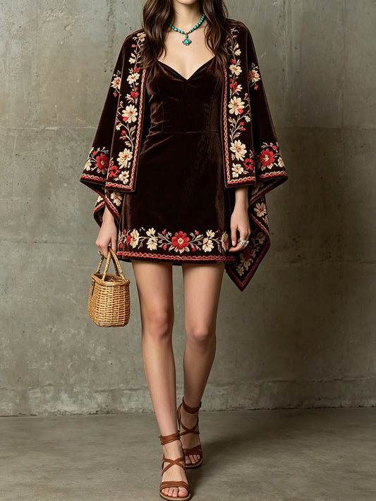 Brown Velvet Embroidered Mini Dress
