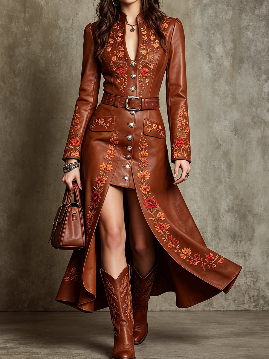 Brown Leather Embroidered Western Coat Dress