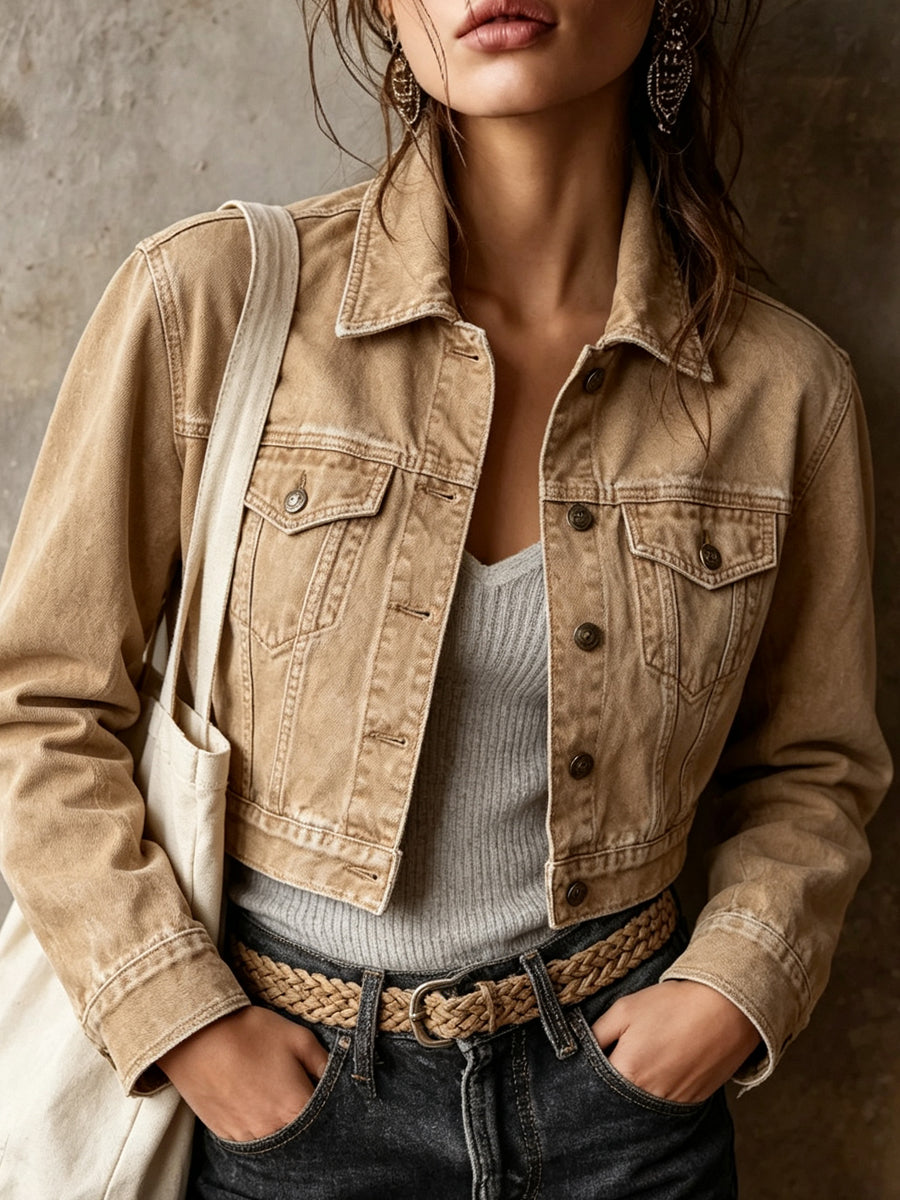 Tan Vintage Denim Cropped Jacket