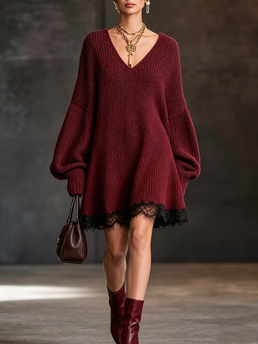 Burgundy Lace Trim Knit Mini Dress