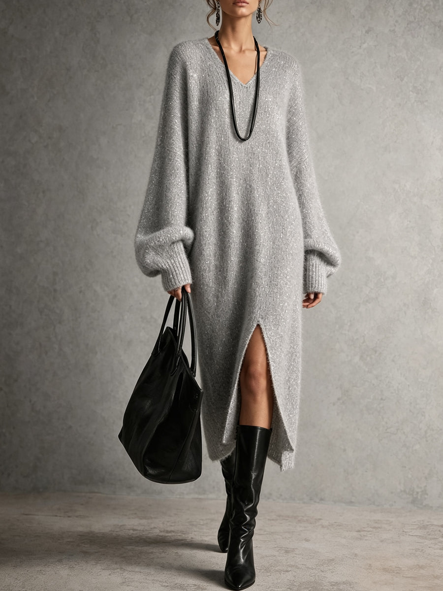 Grey Oversized Slit Knit Sweater Dress
