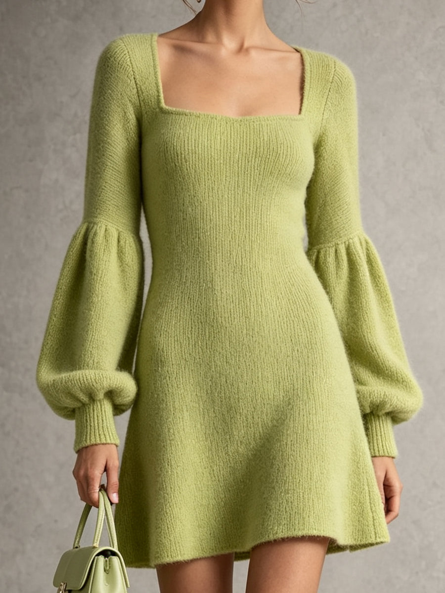 Lime Green Square Neck Balloon Sleeve Knit Dress