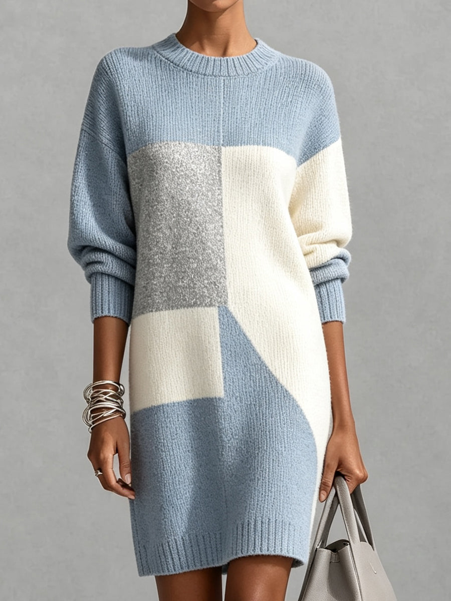 Blue Grey Color Block Sweater Dress