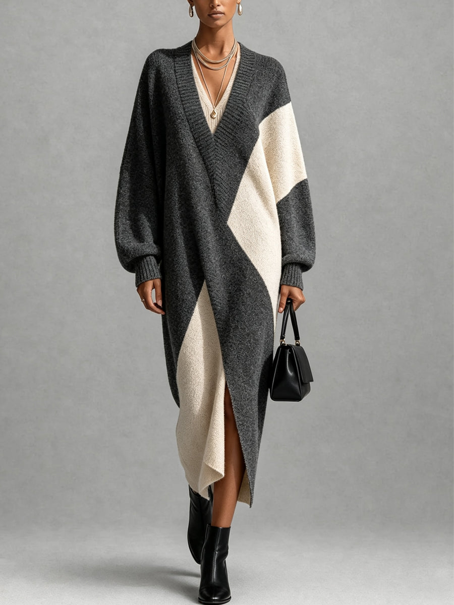 Grey Cream Color Block Wrap Midi Dress