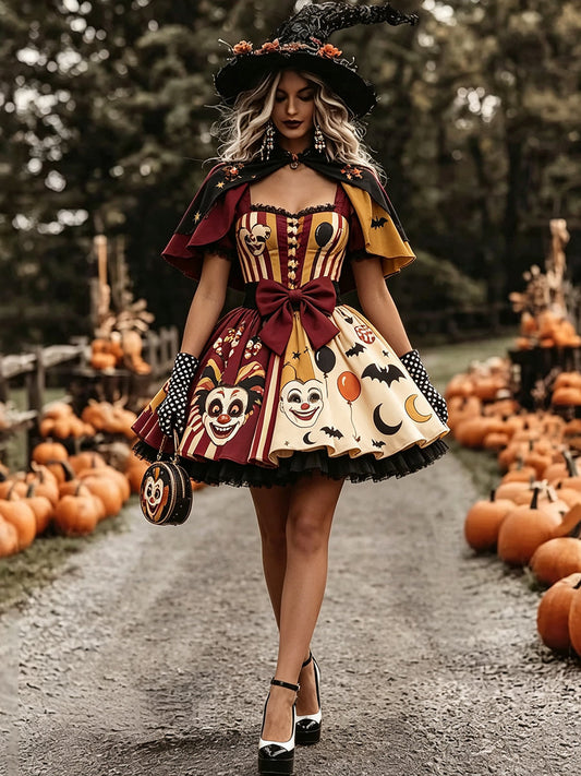 Burgundy Yellow Jester Cape Mini Dress