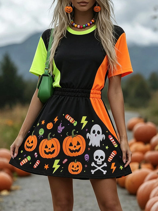 Neon Color Block Pumpkin Mini Dress