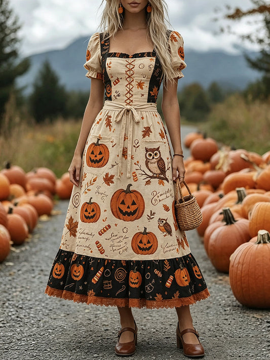 Cream Pumpkin Owl Cottagecore Dress