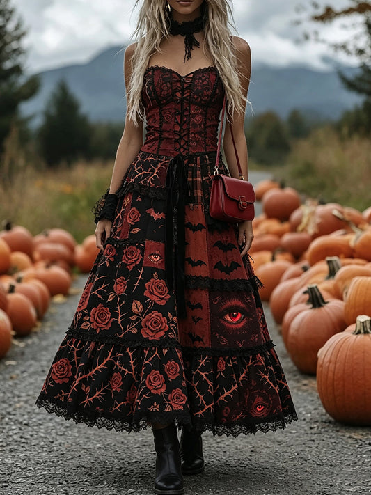 Black Red Roses Eye Corset Maxi Dress