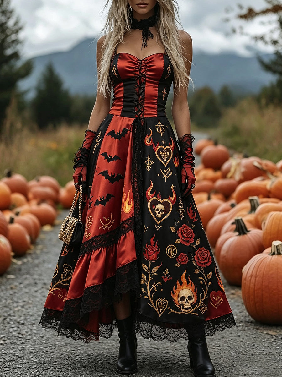 Red Black Skull Heart High-Low Corset Dress