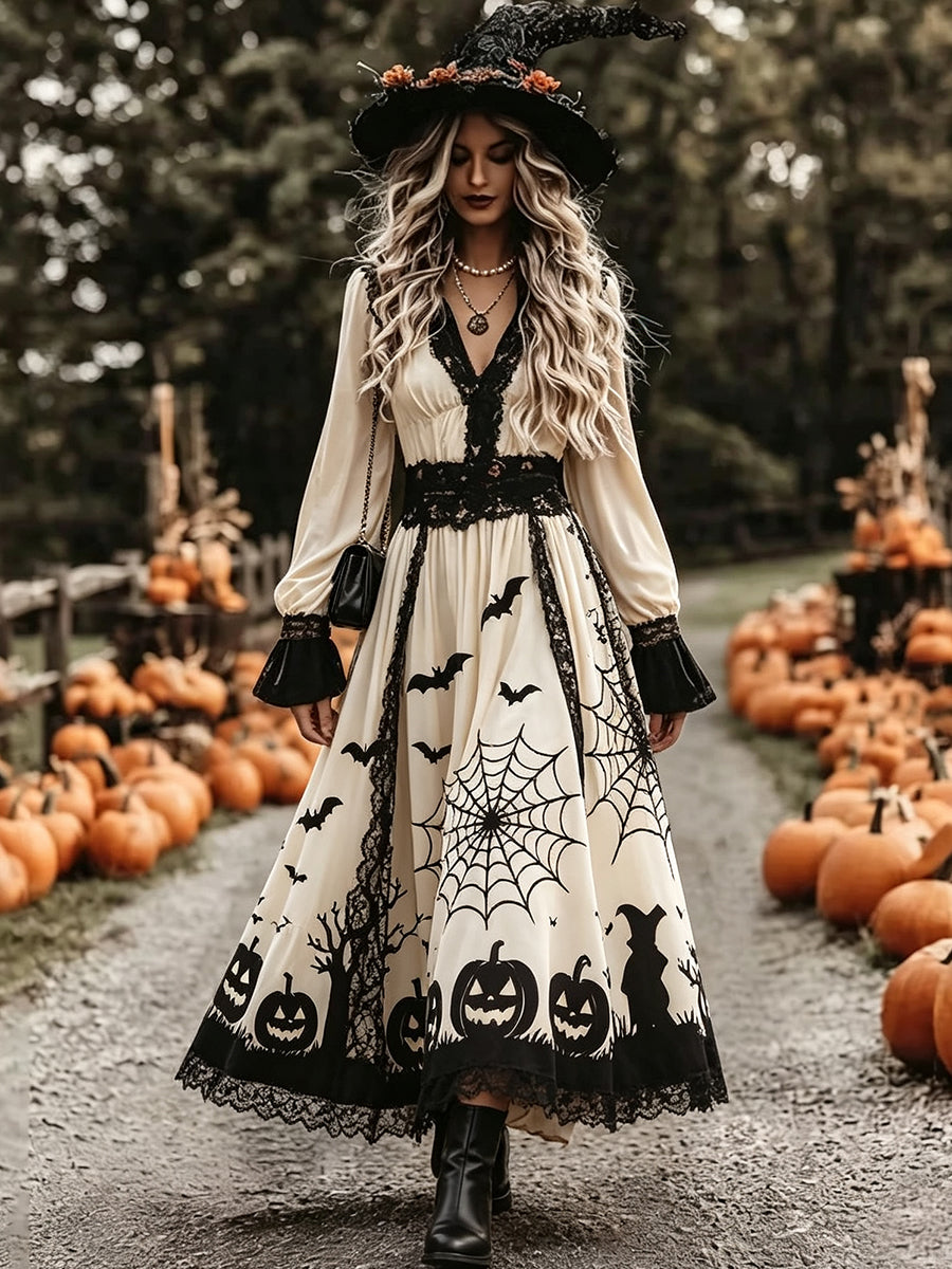 Cream Black Halloween Patchwork Long Sleeve Dress