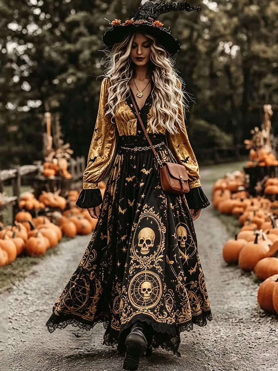 Gold Black Skull Occult Maxi Dress