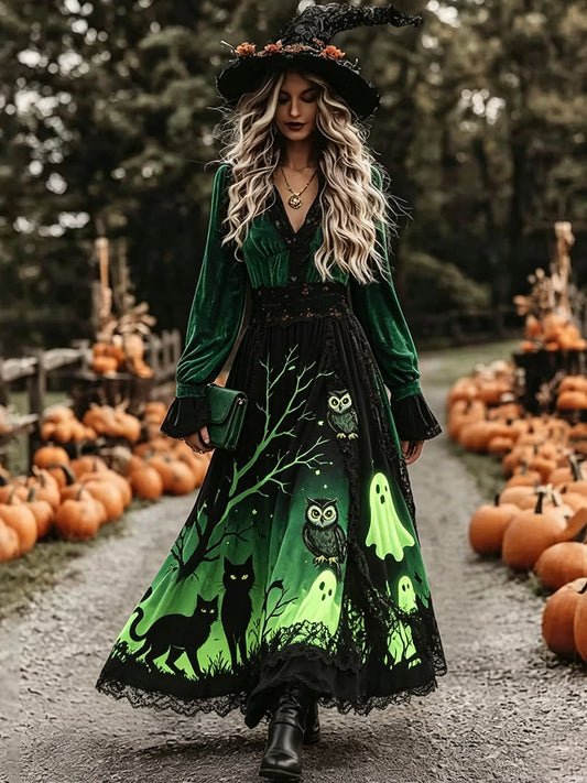 Green Black Owl Cat Velvet Maxi Dress