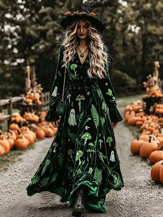Green Mushroom Velvet Maxi Dress