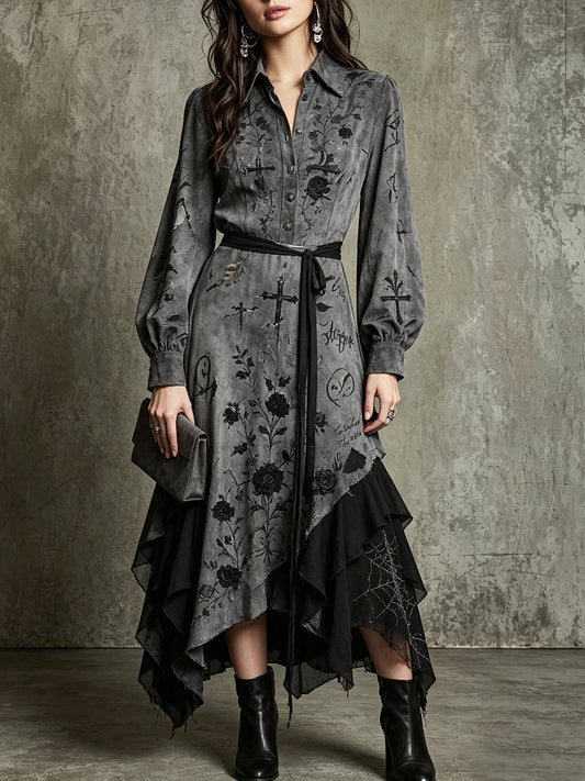 Grey Black Rose High-Low Shirt Dress
