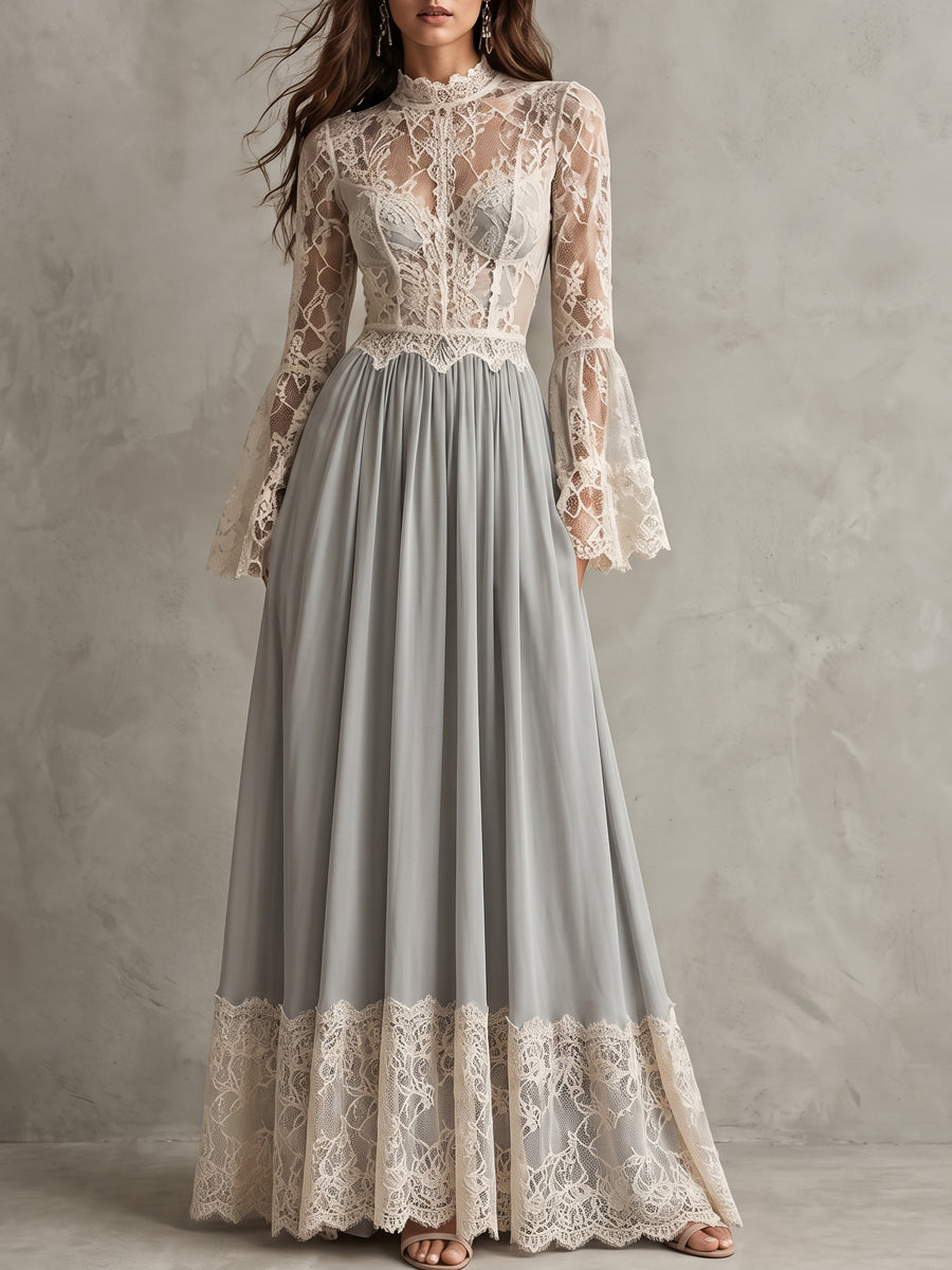 Grey Lace High Neck Maxi Dress