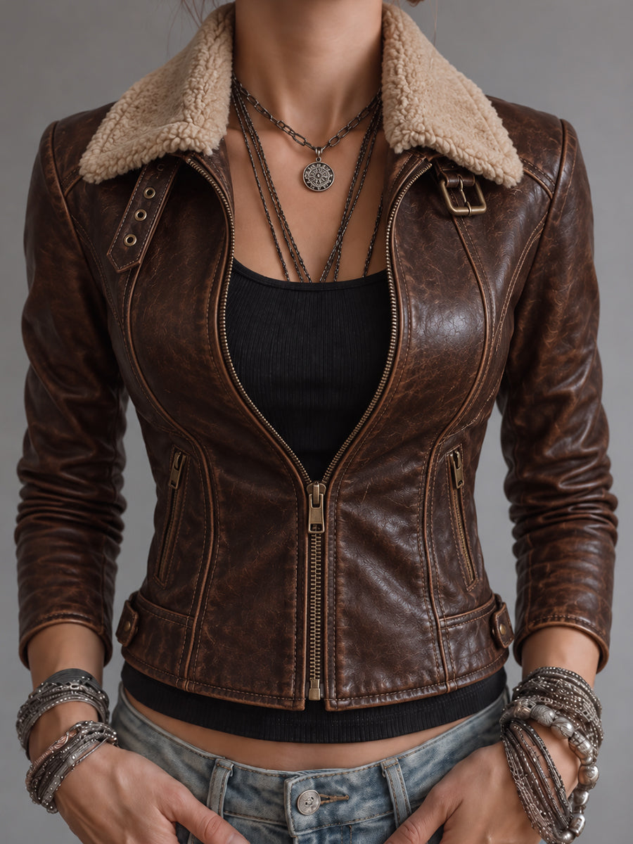 Dark Brown Shearling Collar Leather Jacket